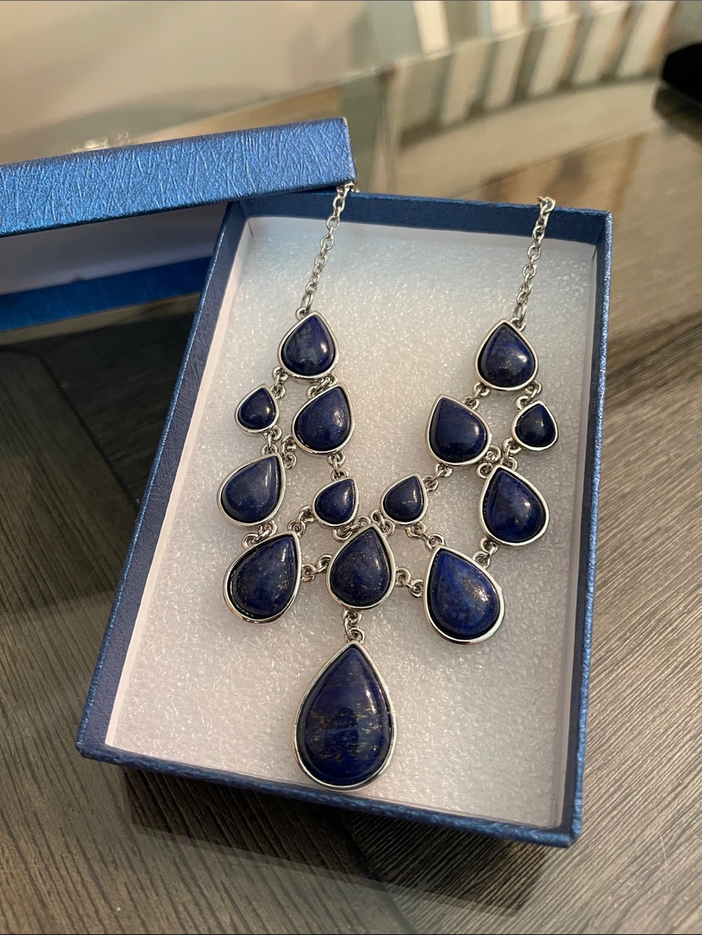 Lapis Stone Bib Statement Necklace- Silver-tone Setting Approx 18 3/4” - 21”